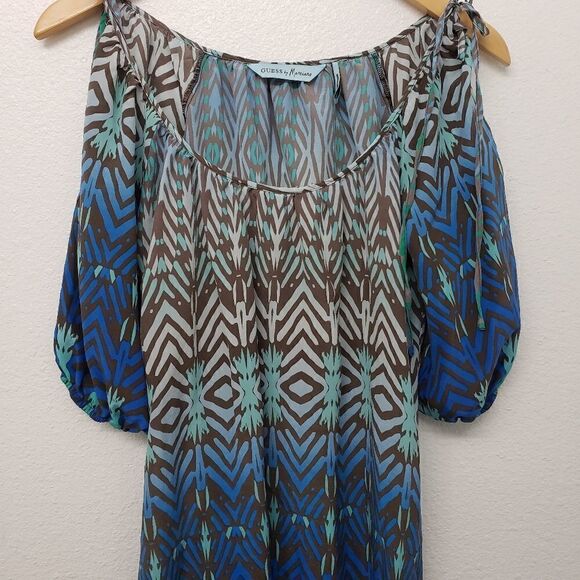 Guess Geometric Mixed Print Blue 100% Silk Blouse Size XS - Picture 2 of 7